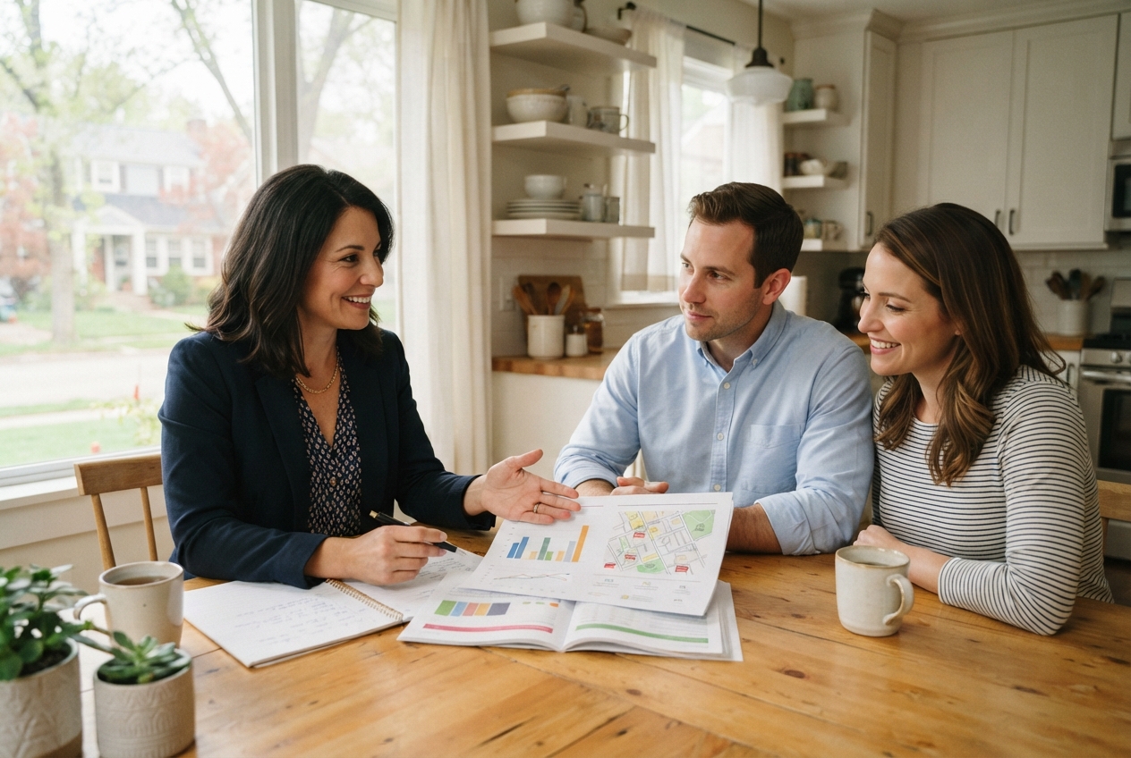Real estate agent reviewing a neighborhood market report with homeowners
