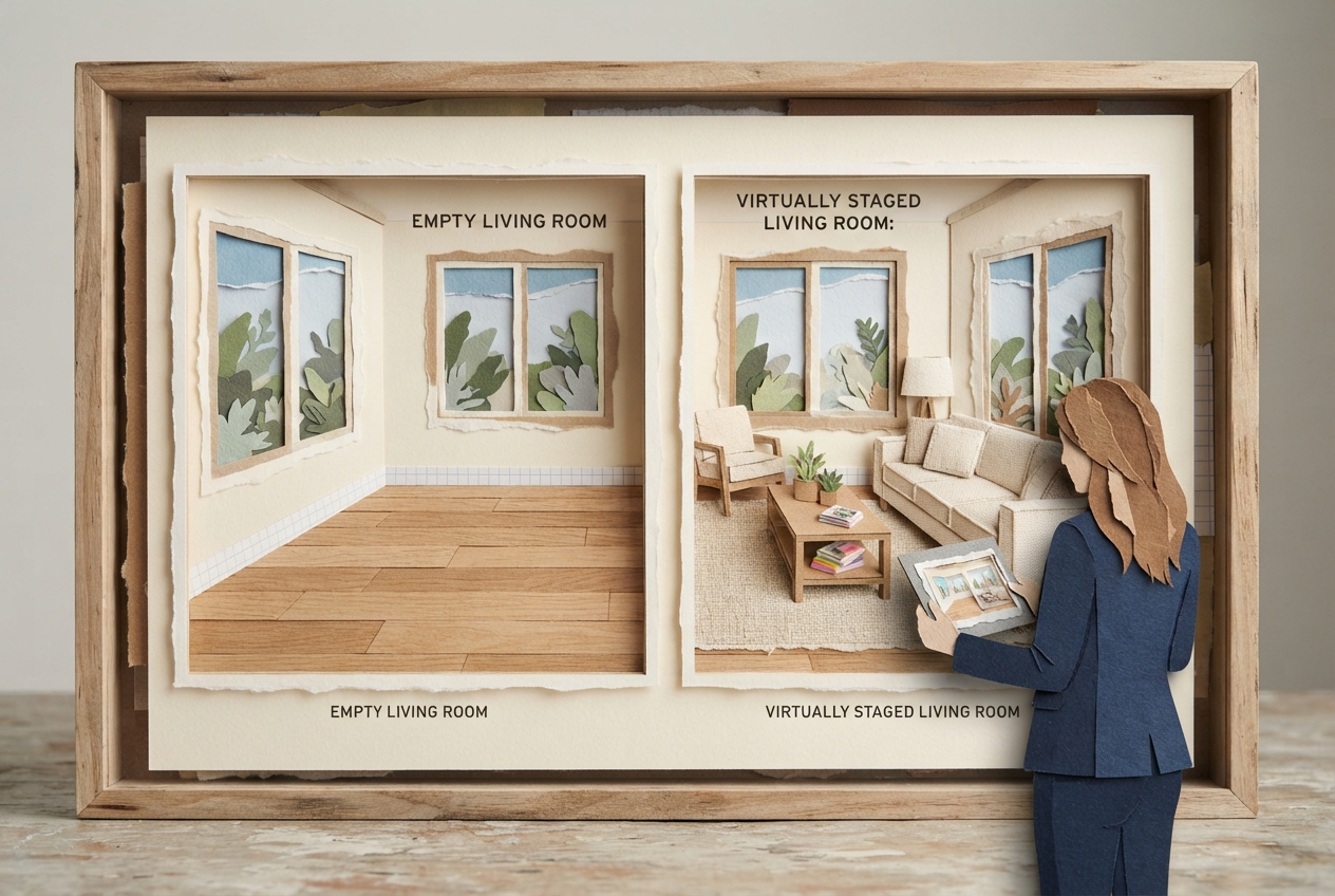 An empty living room shown beside the same room with tasteful virtual furniture and decor.