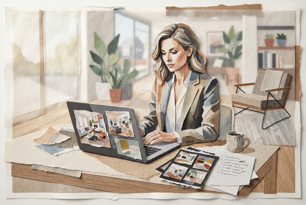 Real estate agent reviewing listing photos and a compliance checklist at a desk