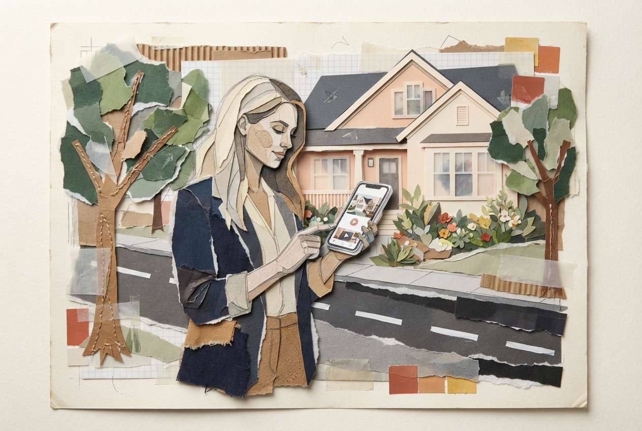 Real estate agent reviewing marketing content in a residential neighborhood