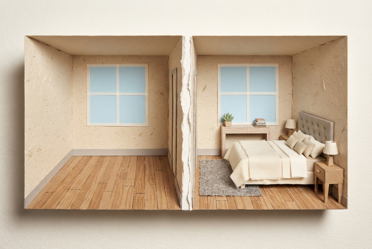 Side-by-side view of an empty bedroom and the same bedroom virtually staged with proportionate furniture.