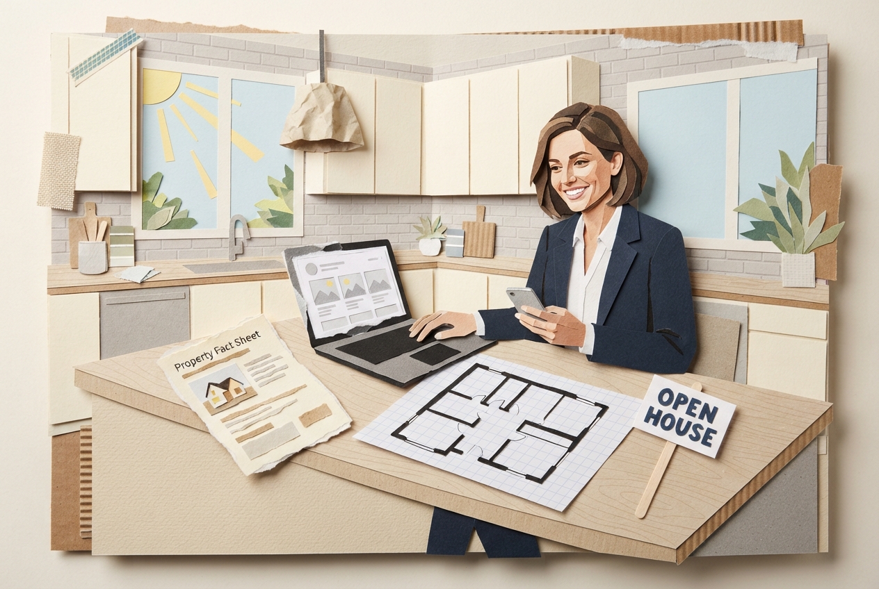 Real estate agent planning open house social media content on a laptop using property details.