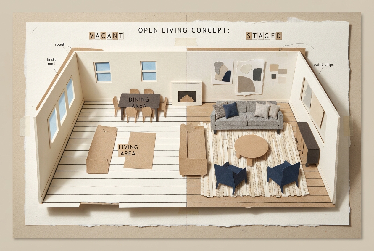 Bright living room shown with realistic virtual furniture placement and natural window light.