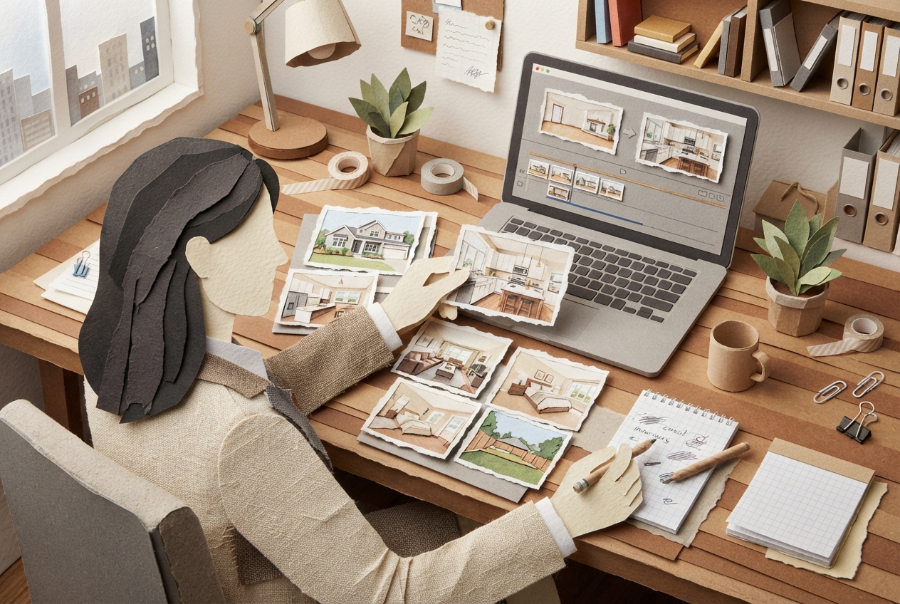 Real estate agent reviewing listing photos and an accurate video timeline on a laptop