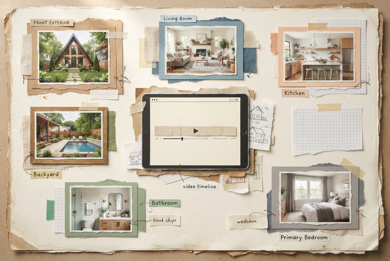 A curated set of real estate listing photos arranged around a property video timeline.