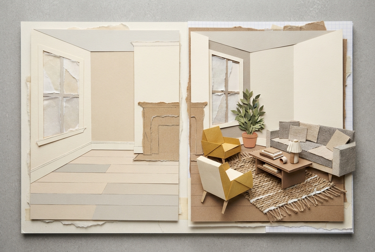 A vacant living room shown beside a realistically virtually staged version of the same room.