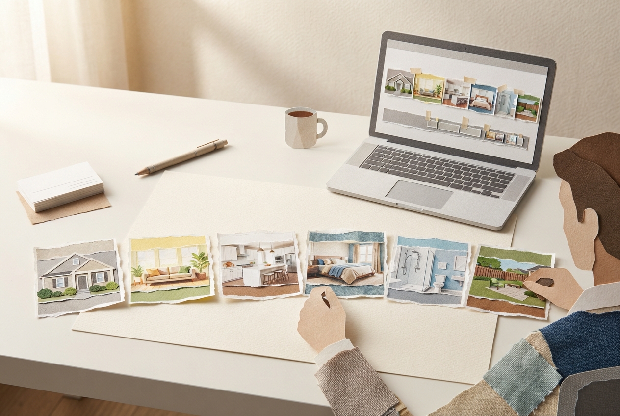 Agent arranging genuine listing photos into a video storyboard.