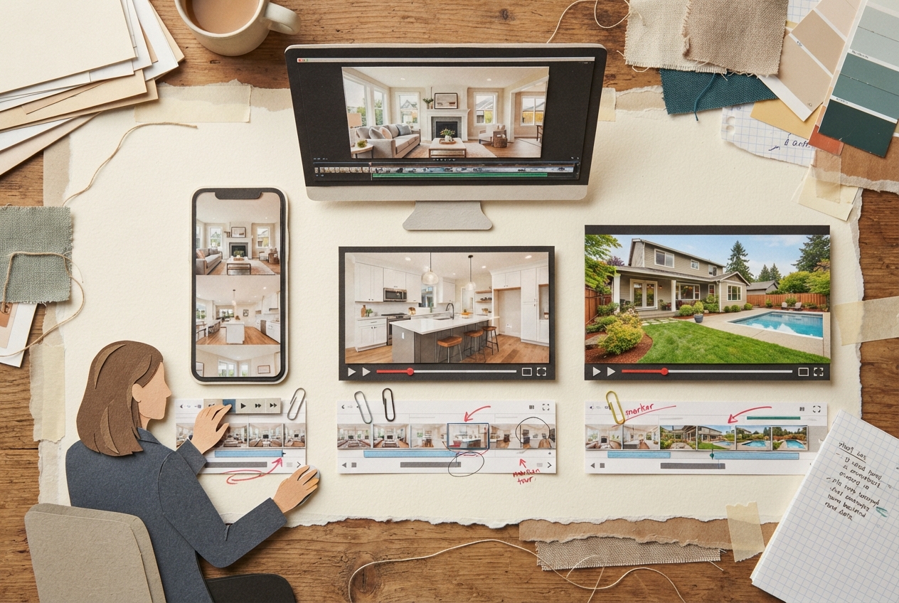 Agent reviewing vertical and horizontal edits of the same home listing video.