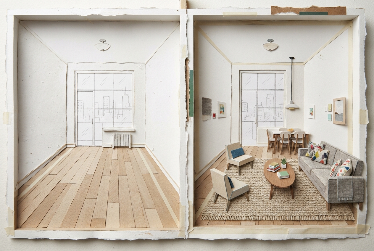 Side-by-side view of an empty living room and the same room virtually staged with realistic furniture.
