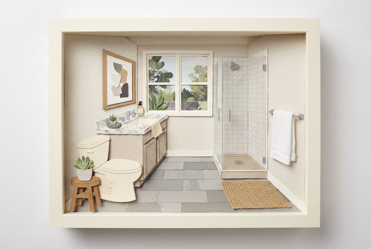 A bright bathroom subtly staged with towels, a small stool, a plant, and a bath mat.