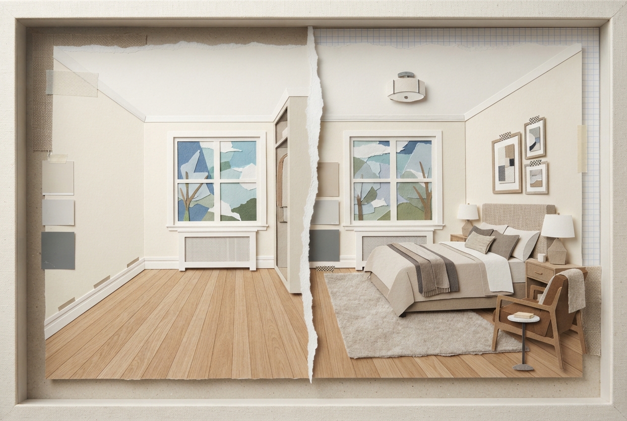 Vacant bedroom shown with realistic virtual furniture placed at accurate scale.