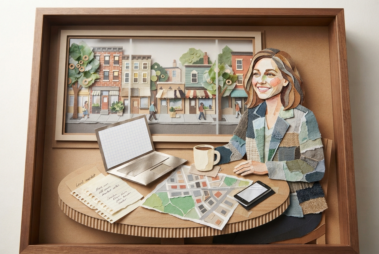 Real estate agent researching a neighborhood from a local coffee shop