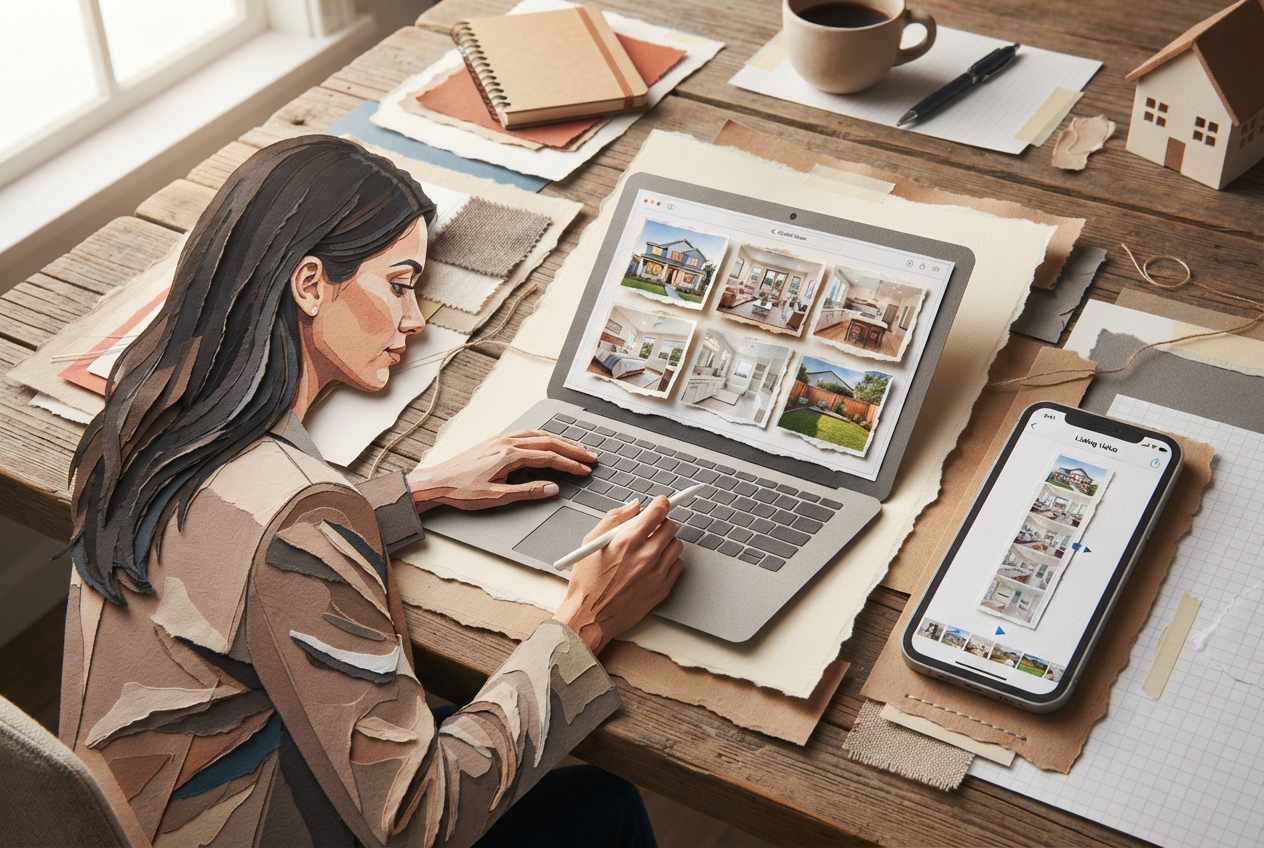 Agent organizing authentic home listing photos into a vertical video sequence.